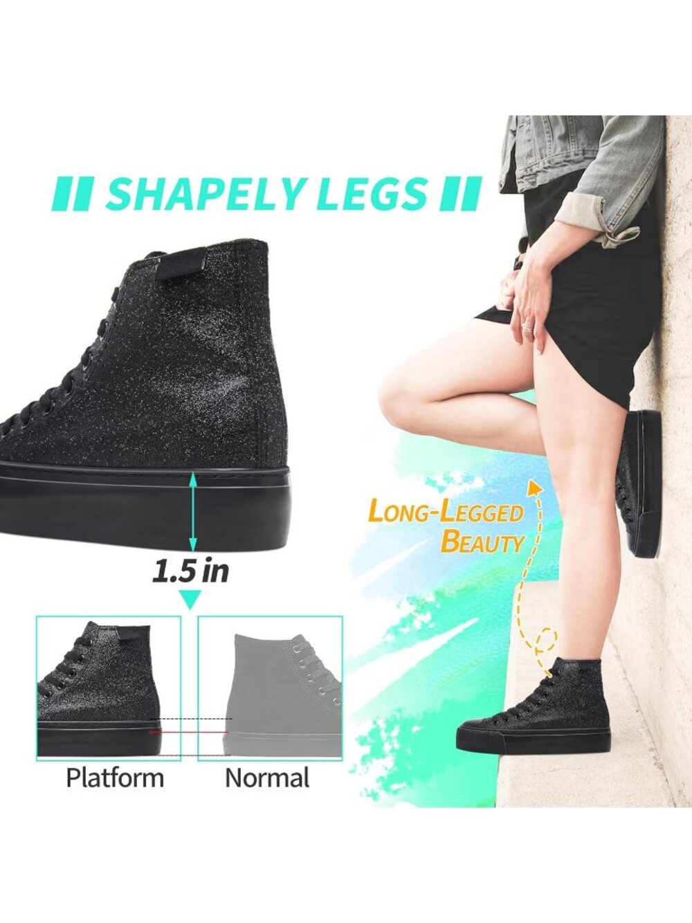 Women's All Black Sparkly Bling Mid Calf Glitter Platform Fashion Sneakers - Picture 4 of 6